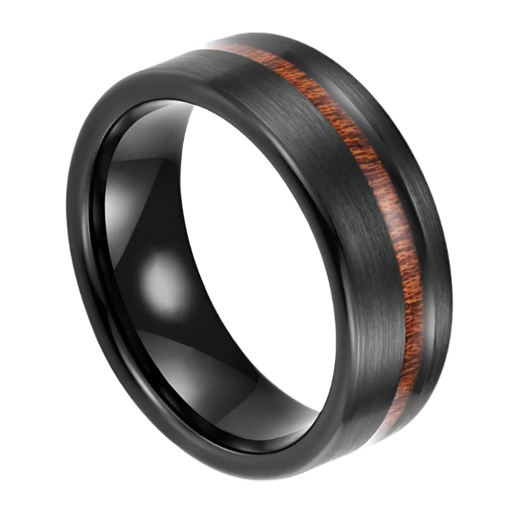 8mm Wood Grain Black Ring for Men