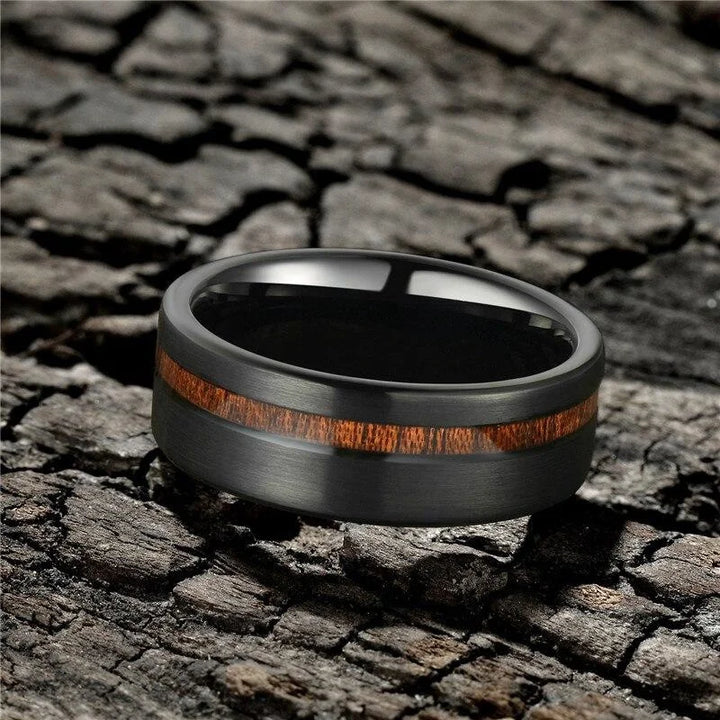 8mm Wood Grain Black Ring for Men
