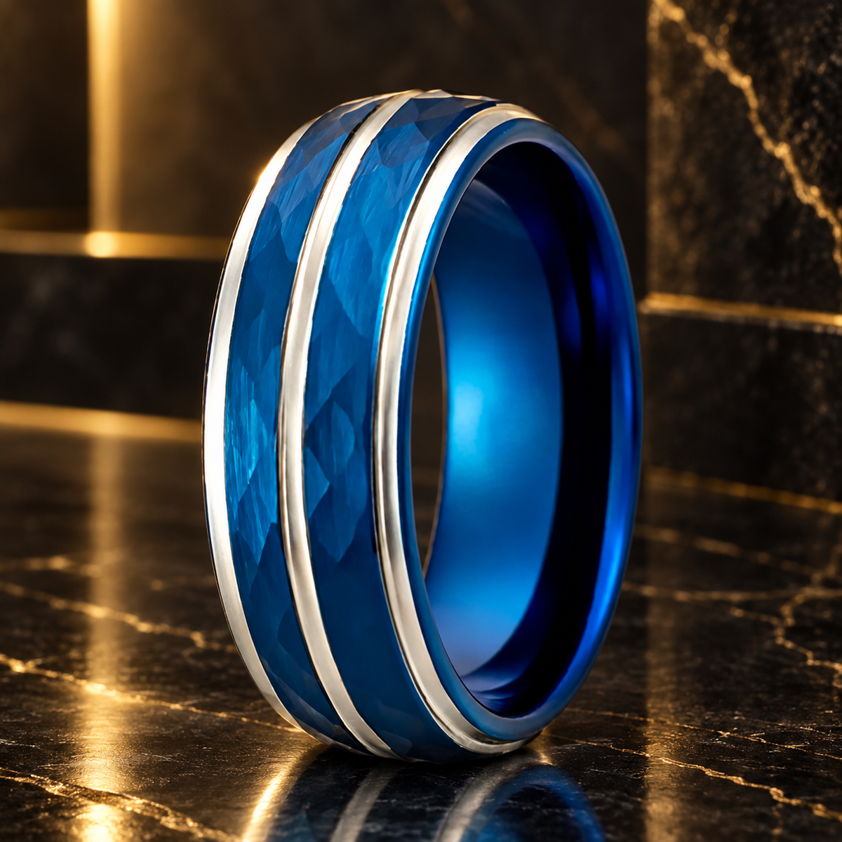 8mm blue hammered tungsten carbide ring