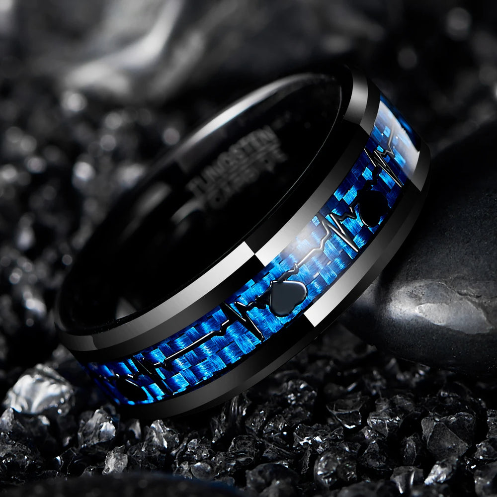 8mm blue and black carbon fiber inlay tungsten ring​
