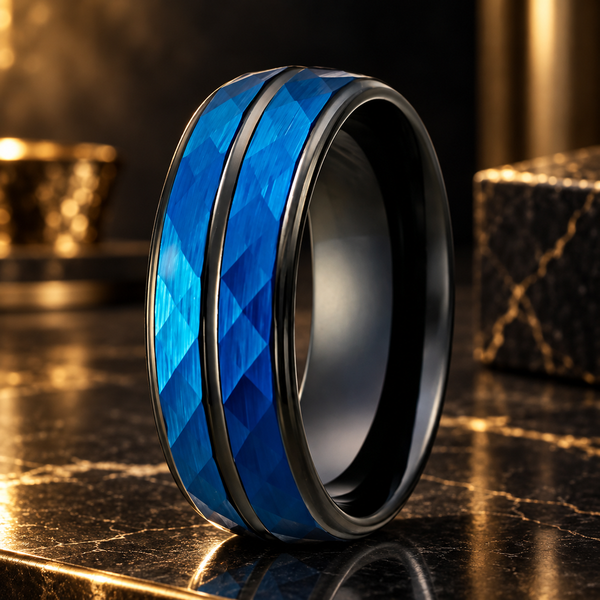 8mm blue hammered tungsten carbide ring