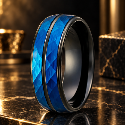 8mm blue hammered tungsten carbide ring