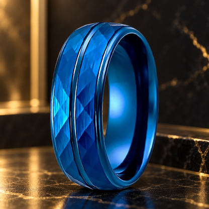 8mm blue hammered tungsten carbide ring