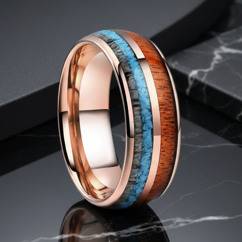 8mm tungsten wedding band with deer antler, turquoise, and koa wood inlay