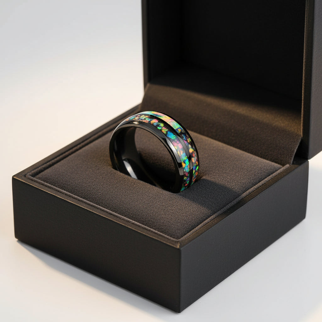 8mm Tungsten Ring Men Women Opal Koa Wood Rainbow Inlay