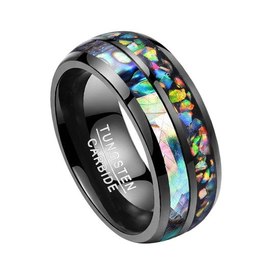 8mm Tungsten Ring Men Women Opal Koa Wood Rainbow Inlay