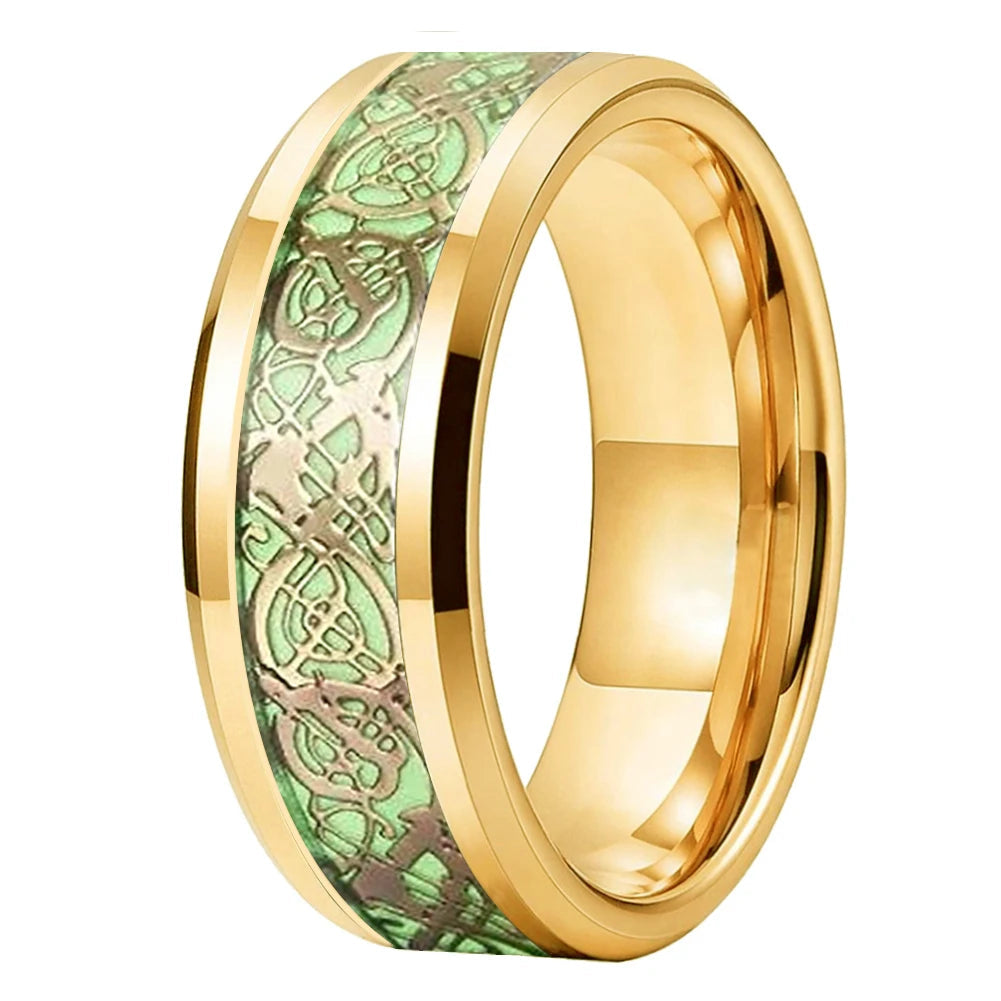 Gold tungsten wedding ring with green luminous Celtic dragon inlay and polished edges.