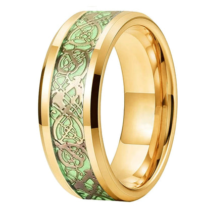 Gold tungsten wedding ring with green luminous Celtic dragon inlay and polished edges.