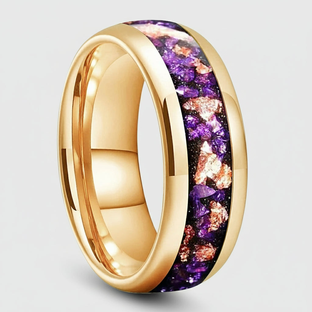 Amethyst Gold Stone Tungsten Wedding Band