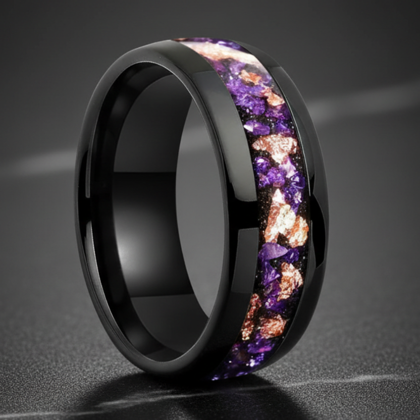Amethyst Gold Stone Tungsten Wedding Band
