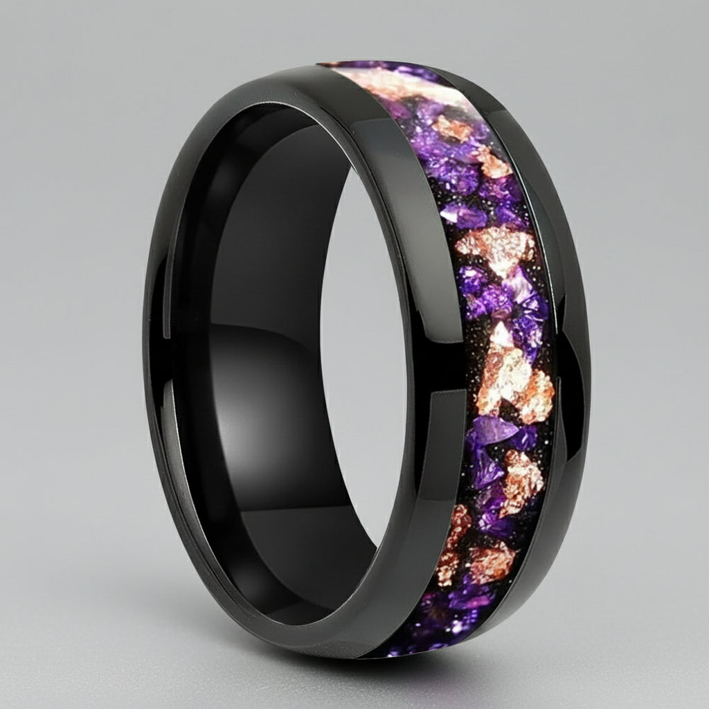 Amethyst Gold Stone Tungsten Wedding Band