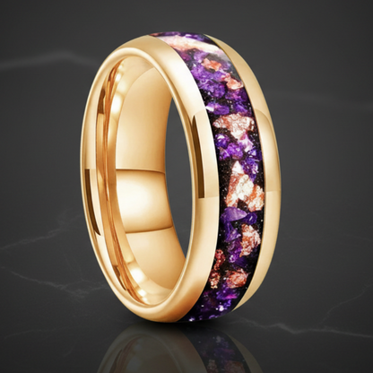 Amethyst Gold Stone Tungsten Wedding Band