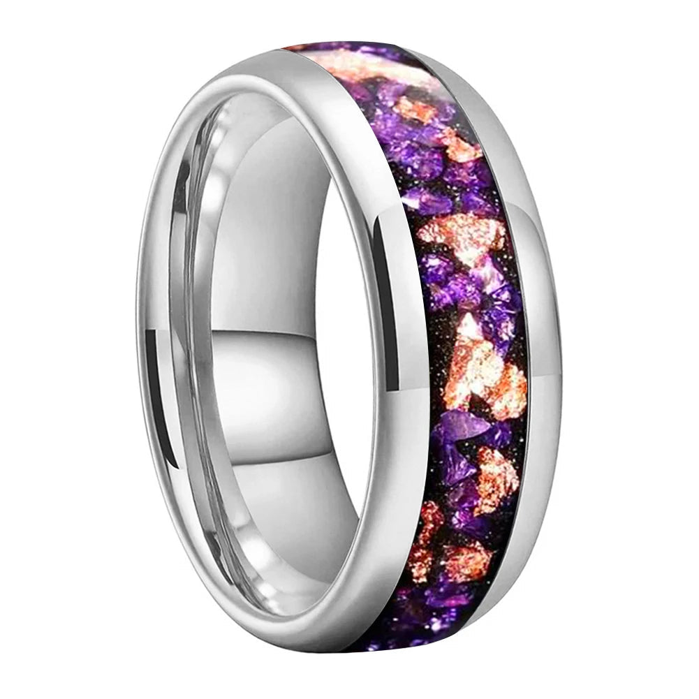 Amethyst Gold Stone Tungsten Wedding Band