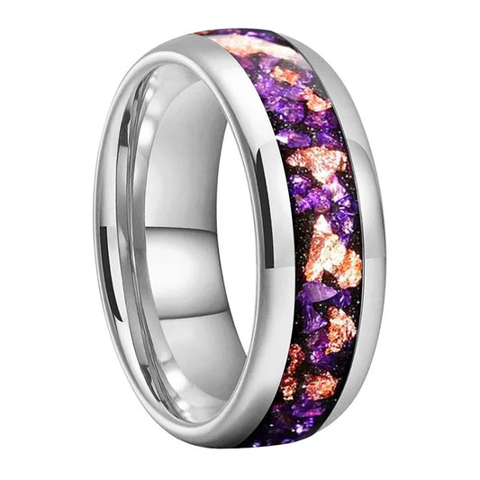 Amethyst Gold Stone Tungsten Wedding Band