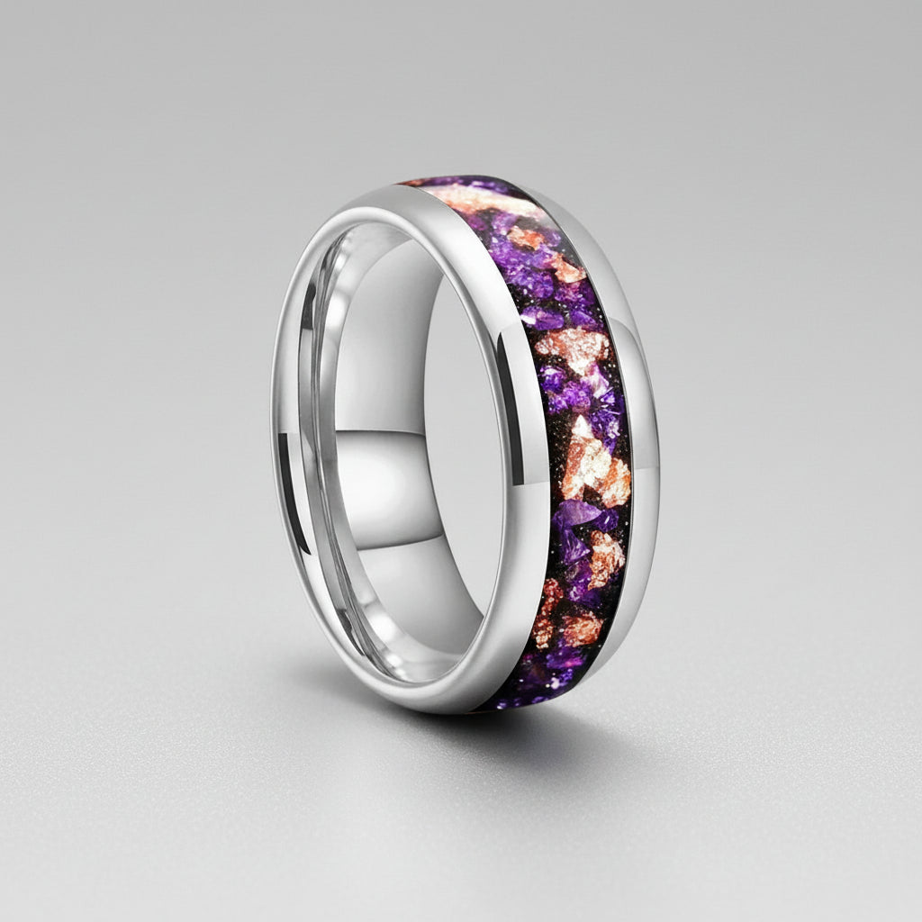 Amethyst Gold Stone Tungsten Wedding Band