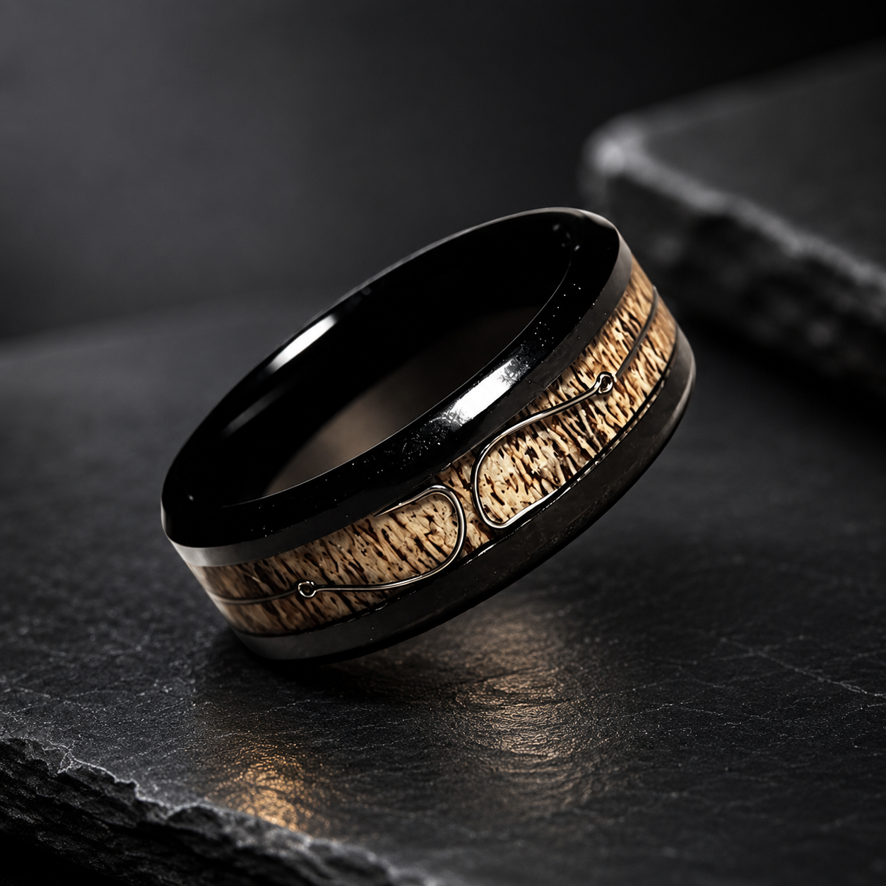 Antler & Fishing Hook Black Tungsten Ring