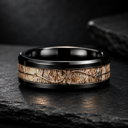 Antler & Fishing Hook Black Tungsten Ring