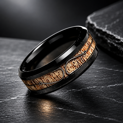 Antler & Fishing Hook Black Tungsten Ring