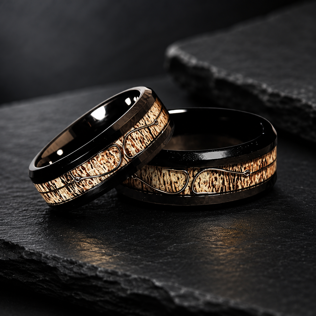 Antler & Fishing Hook Black Tungsten Ring