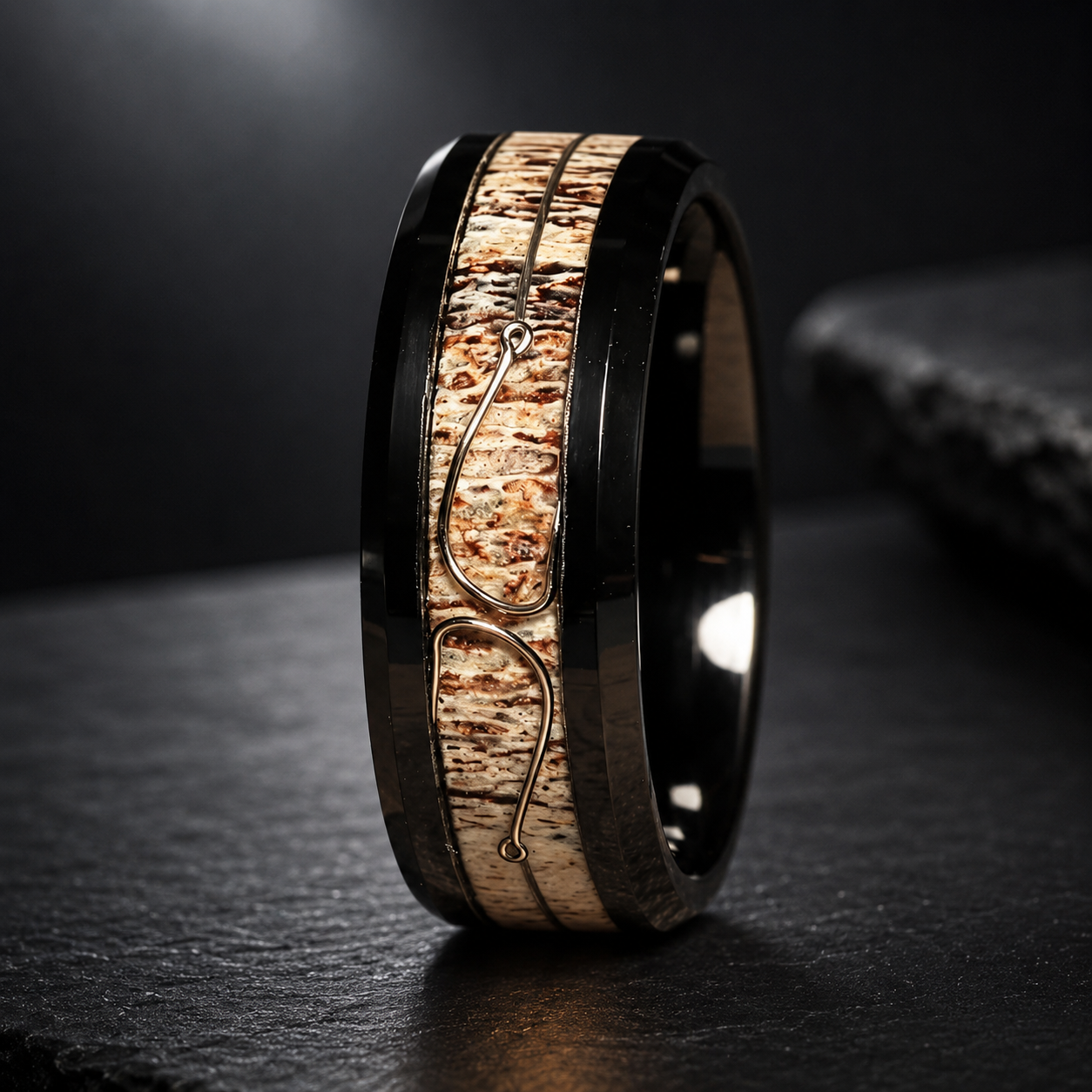 Antler & Fishing Hook Black Tungsten Ring