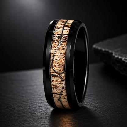 Antler & Fishing Hook Black Tungsten Ring