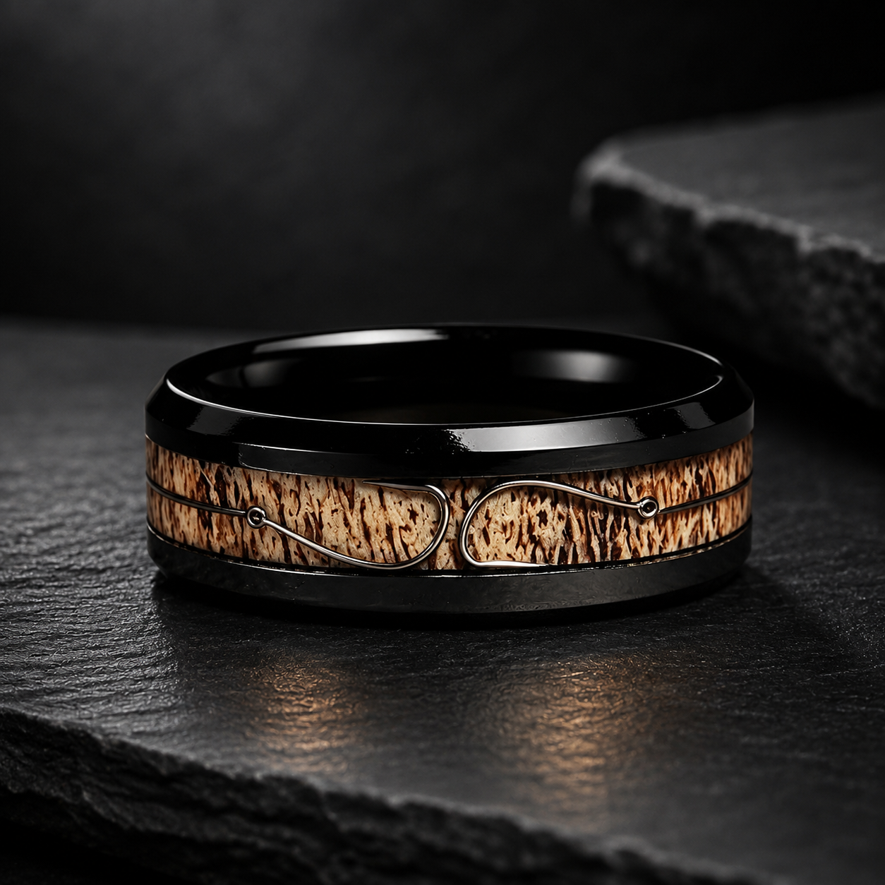 Antler & Fishing Hook Black Tungsten Ring