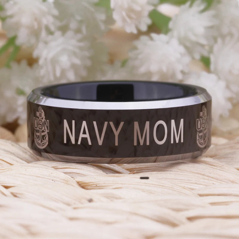 Army Military Navy Mom Black Tungsten Ring – 8mm Comfort Fit Men’s Tribute Wedding Band