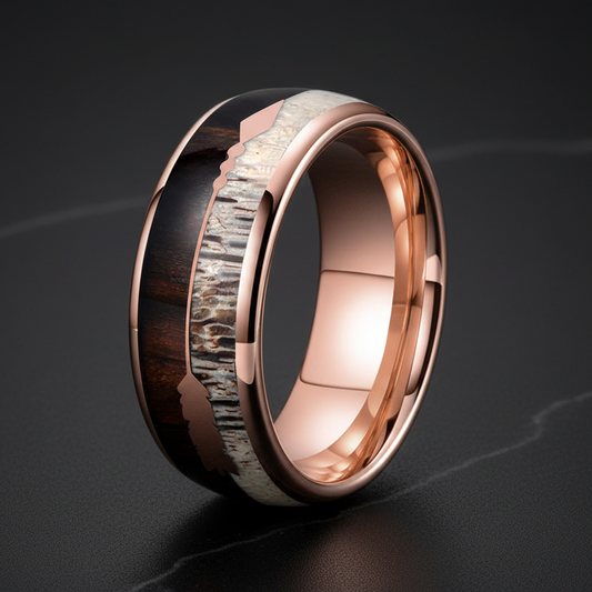 Arrow Deer Antler Koa Wood Inlay Tungsten Ring