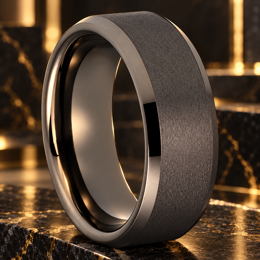 Beveled Matte Gunmetal Tungsten Carbide Ring
