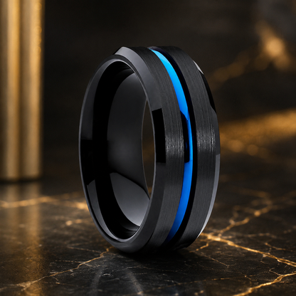 Black Brushed Tungsten Ring with Blue Groove Line
