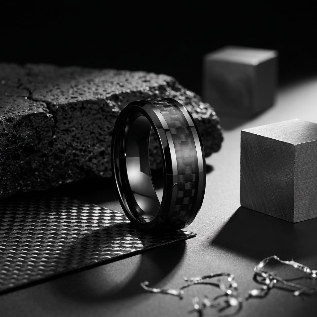 Black Carbon Fiber Tungsten Ring