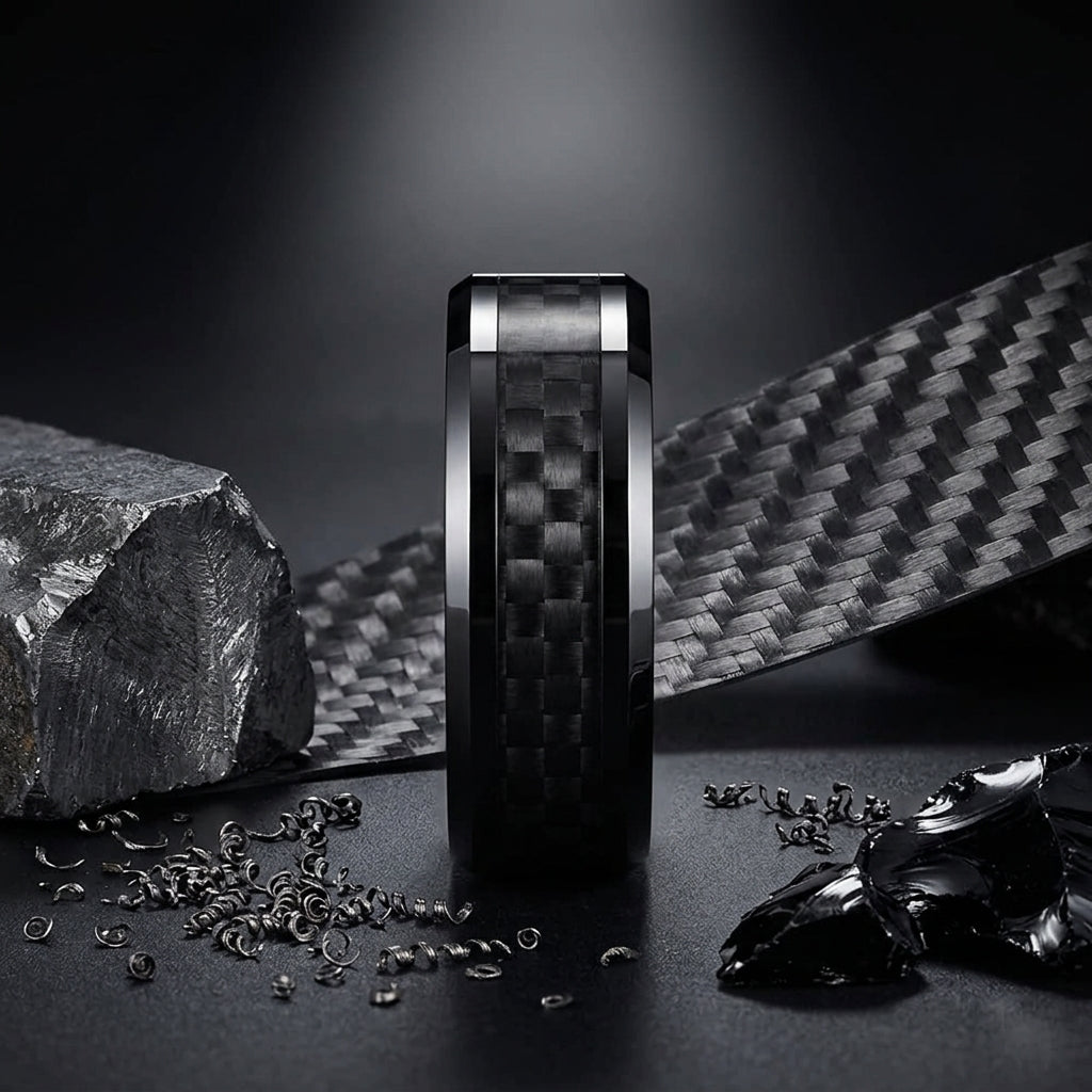 Black Carbon Fiber Tungsten Ring