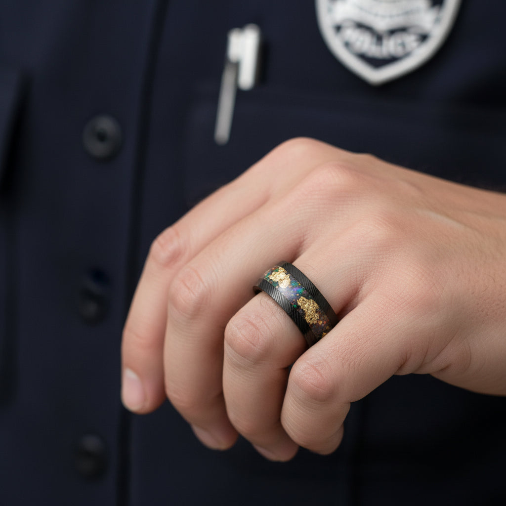 Black Damascus Steel Ring with Crushed Opal