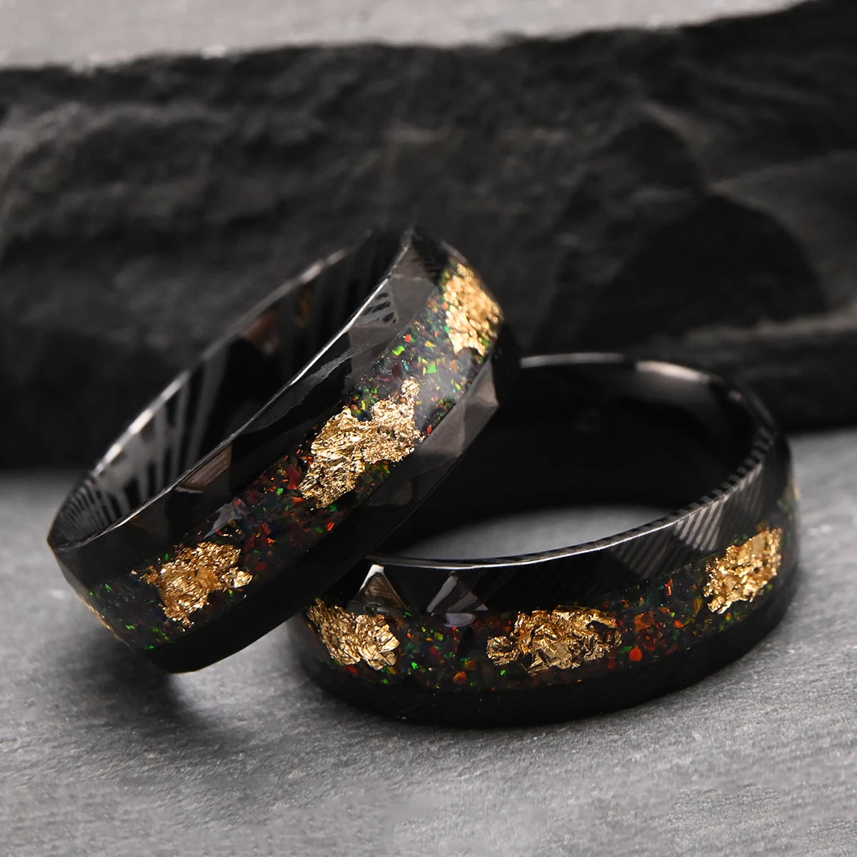 Black Damascus Steel Ring with Crushed Opal