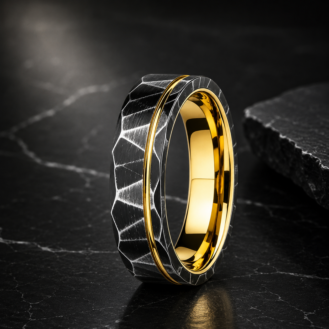 Black Hammered Tungsten Ring with Gold Groove