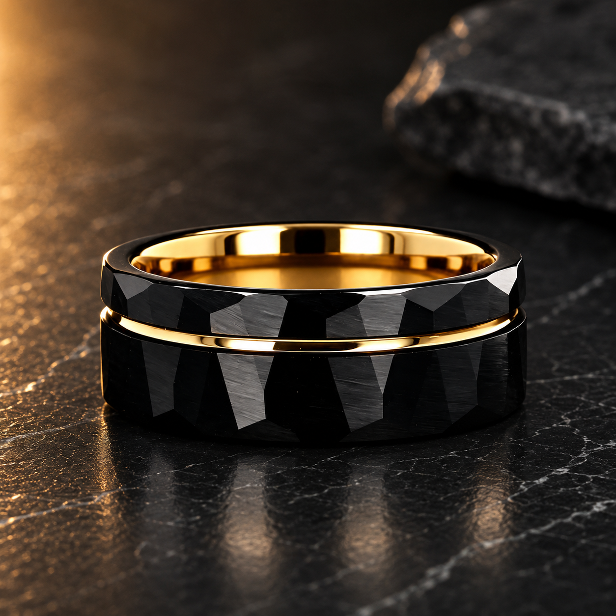 Black Hammered Tungsten Ring with Groove Line