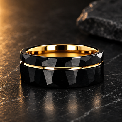 Black Hammered Tungsten Ring with Groove Line