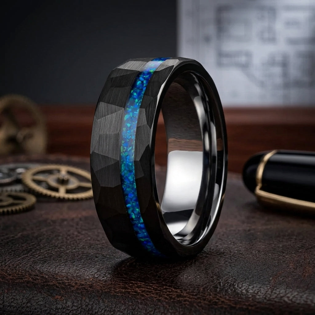 Black Hammered Tungsten Ring with Blue Opal Inlay