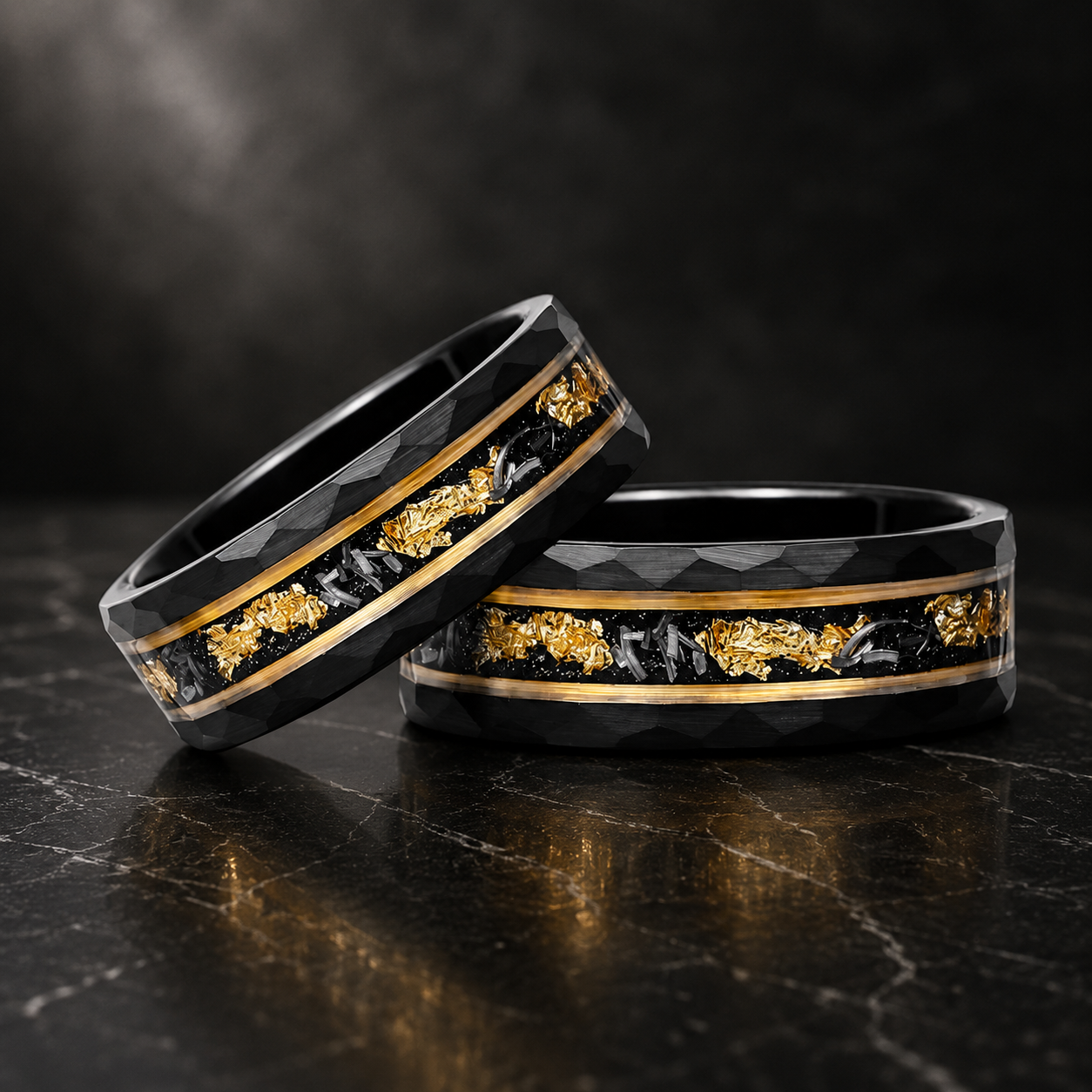 Black Hammered Tungsten Ring with Meteorite & Gold