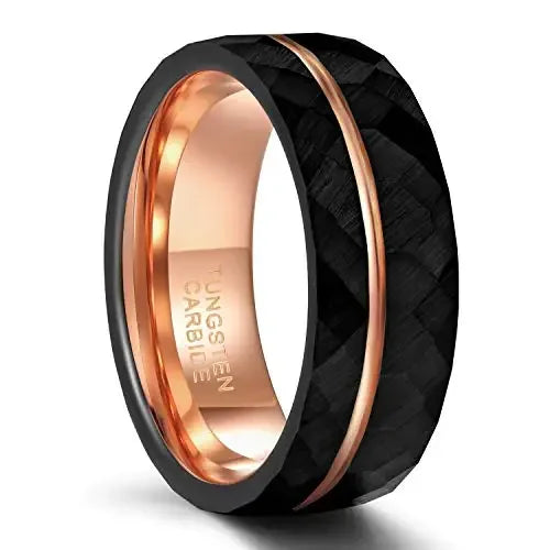 Black Thin Rose Gold tungsten Hammered Ring