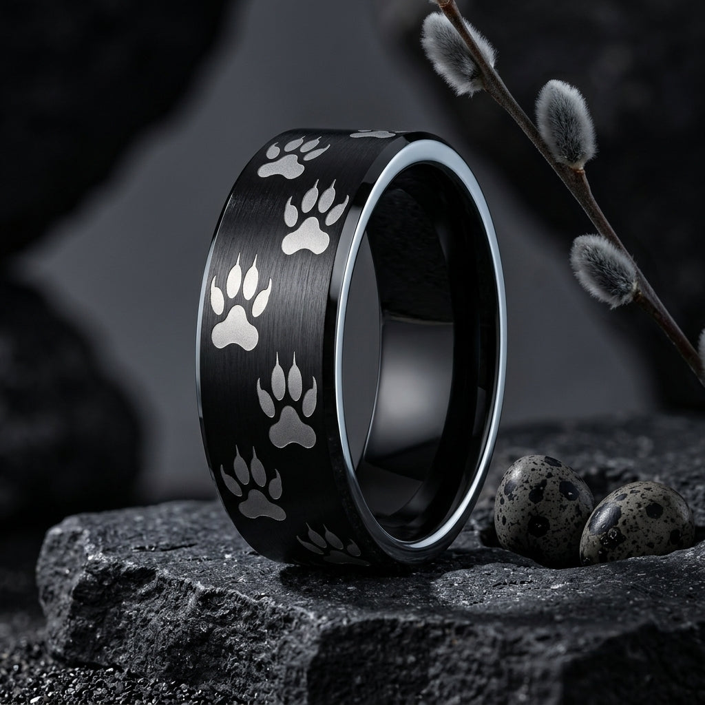 Black Tungsten Paw Print Ring