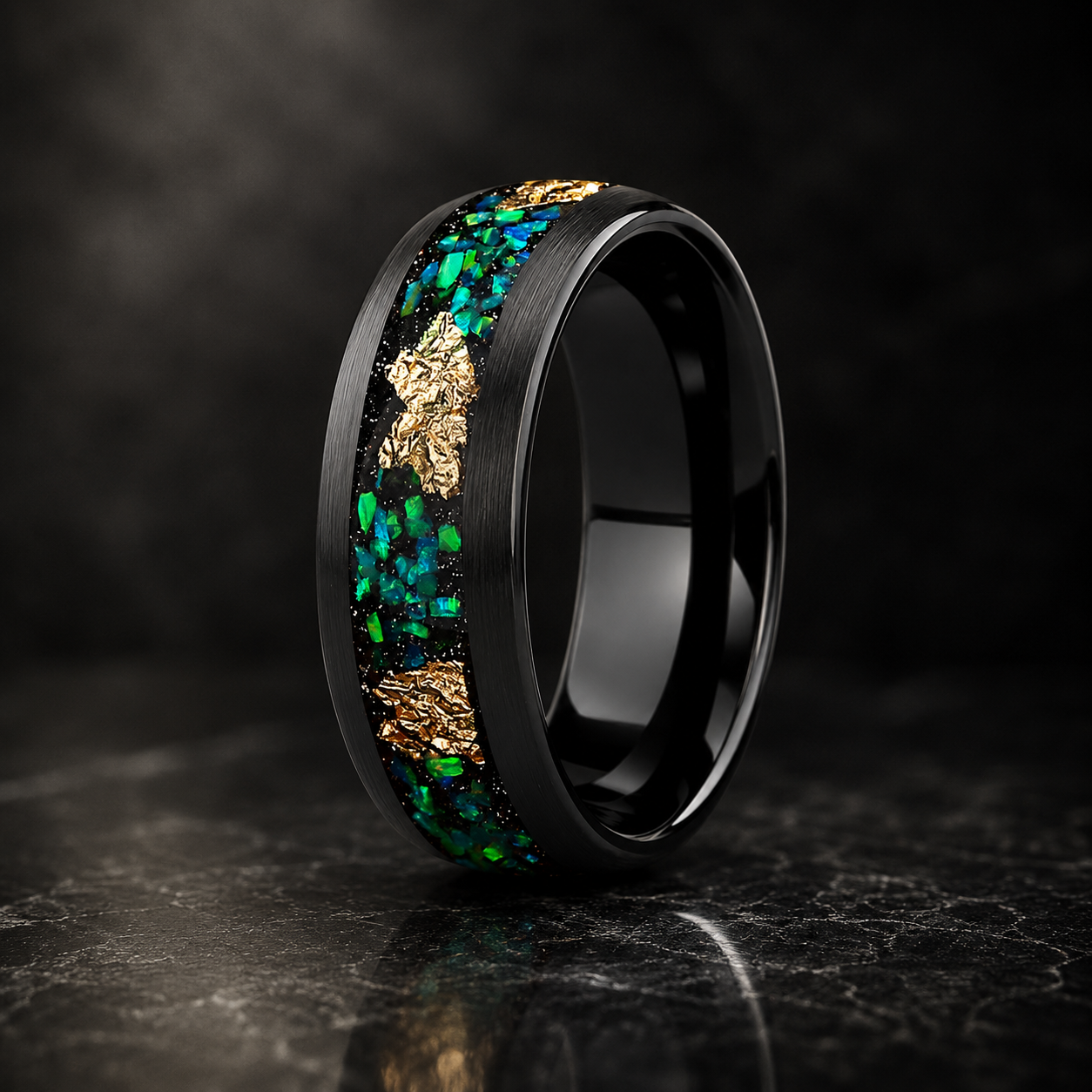 Black Tungsten Ring with Opal & Gold Leaf Inlay