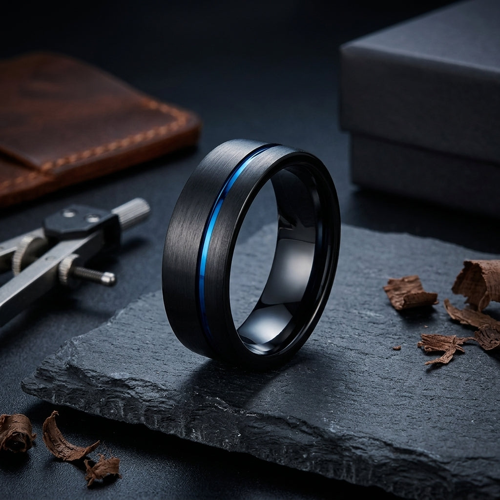 Black Tungsten Wedding Band with Blue Offset Groove