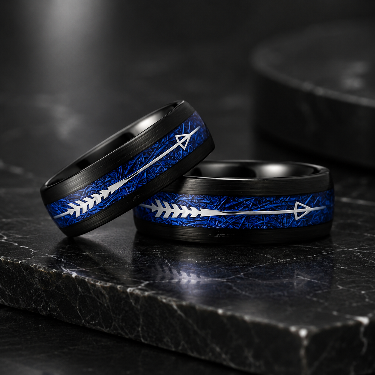 Black Tungsten Arrow Ring with Blue Meteorite Inlay
