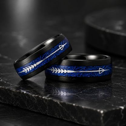 Black Tungsten Arrow Ring with Blue Meteorite Inlay