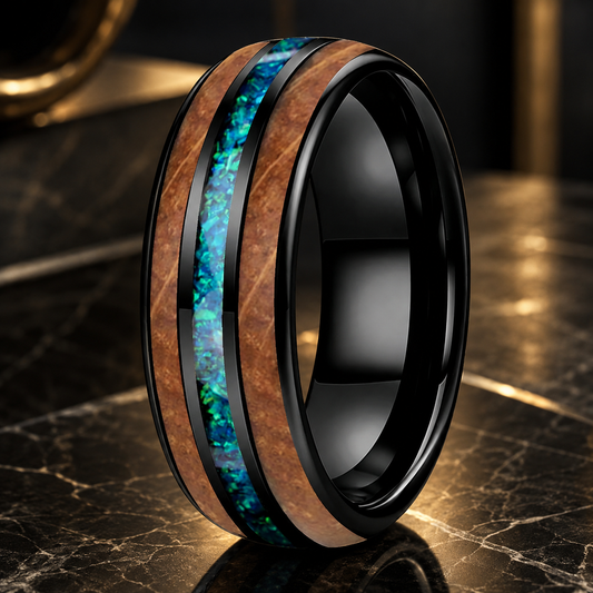 Black Tungsten Blue Opal and Koa Wood Inlay Ring