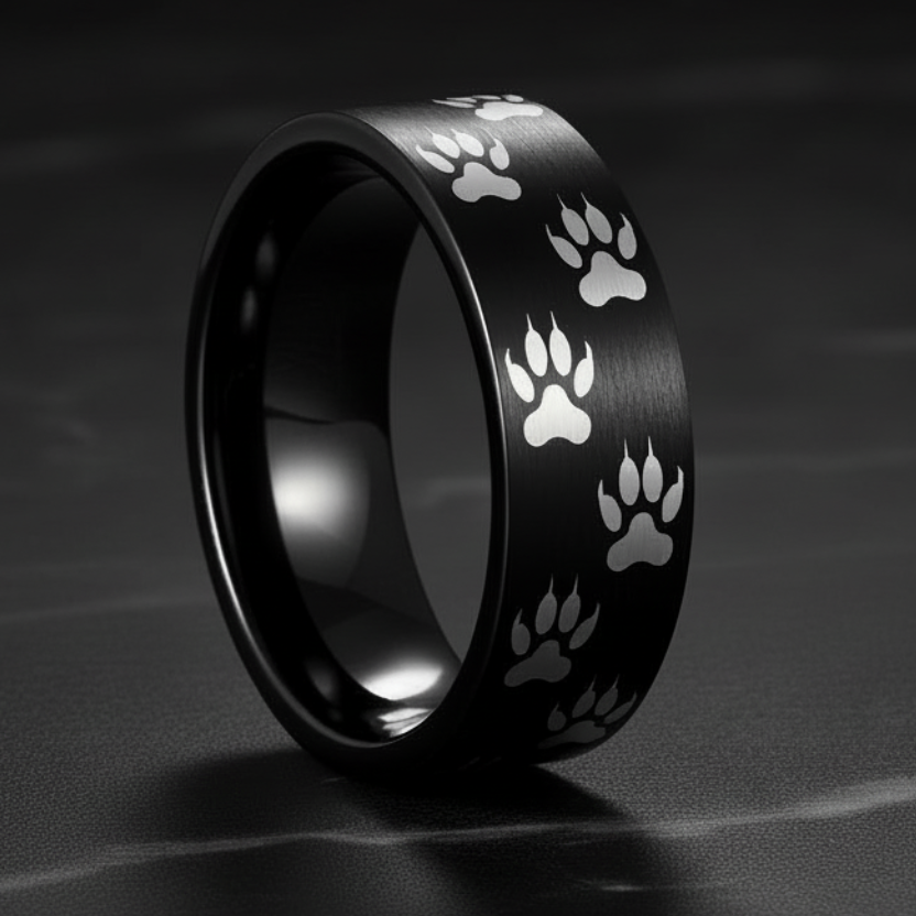 Black Tungsten Paw Print Ring