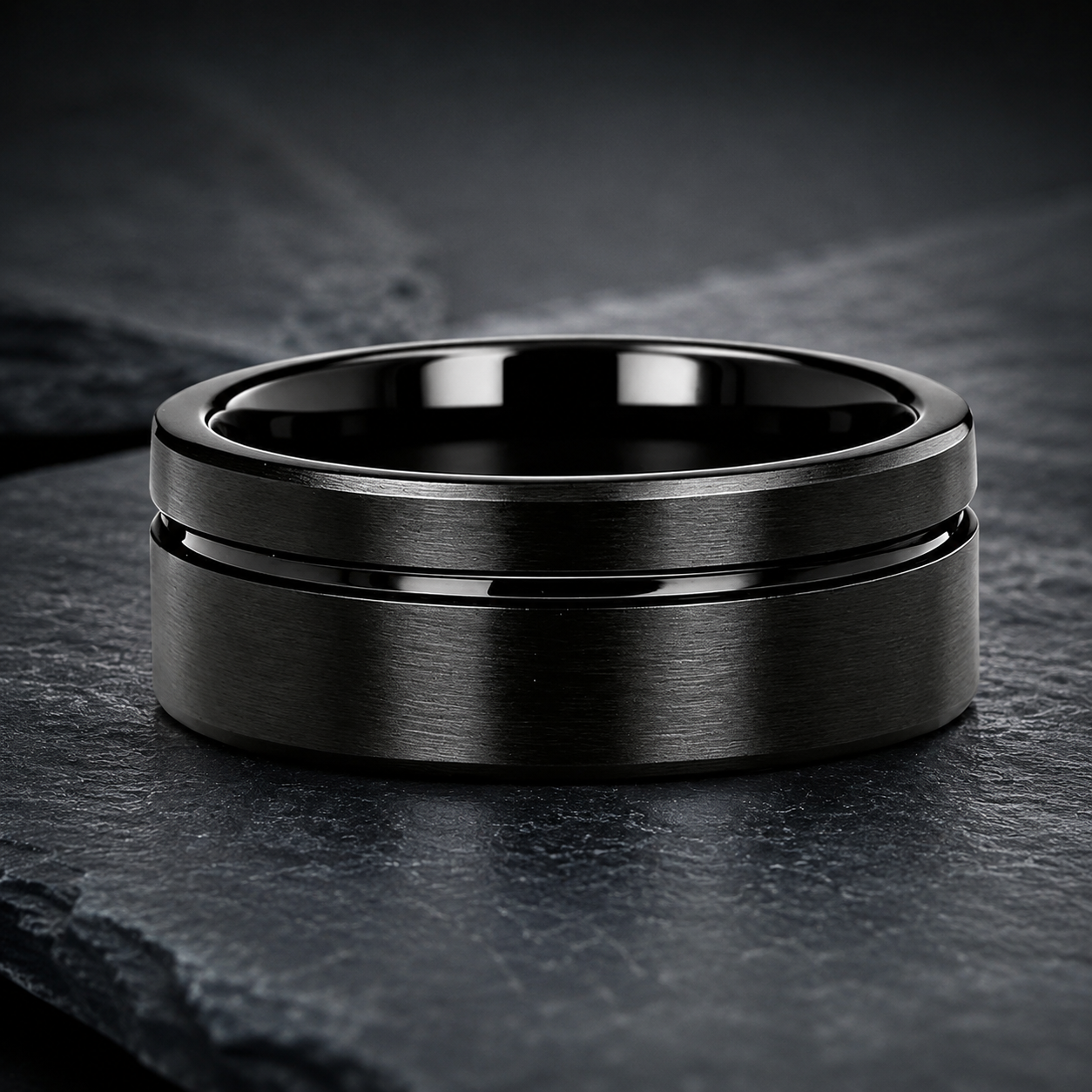 Black Tungsten Ring with Blue Groove Line