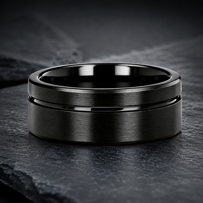 Black Tungsten Ring with Blue Groove Line
