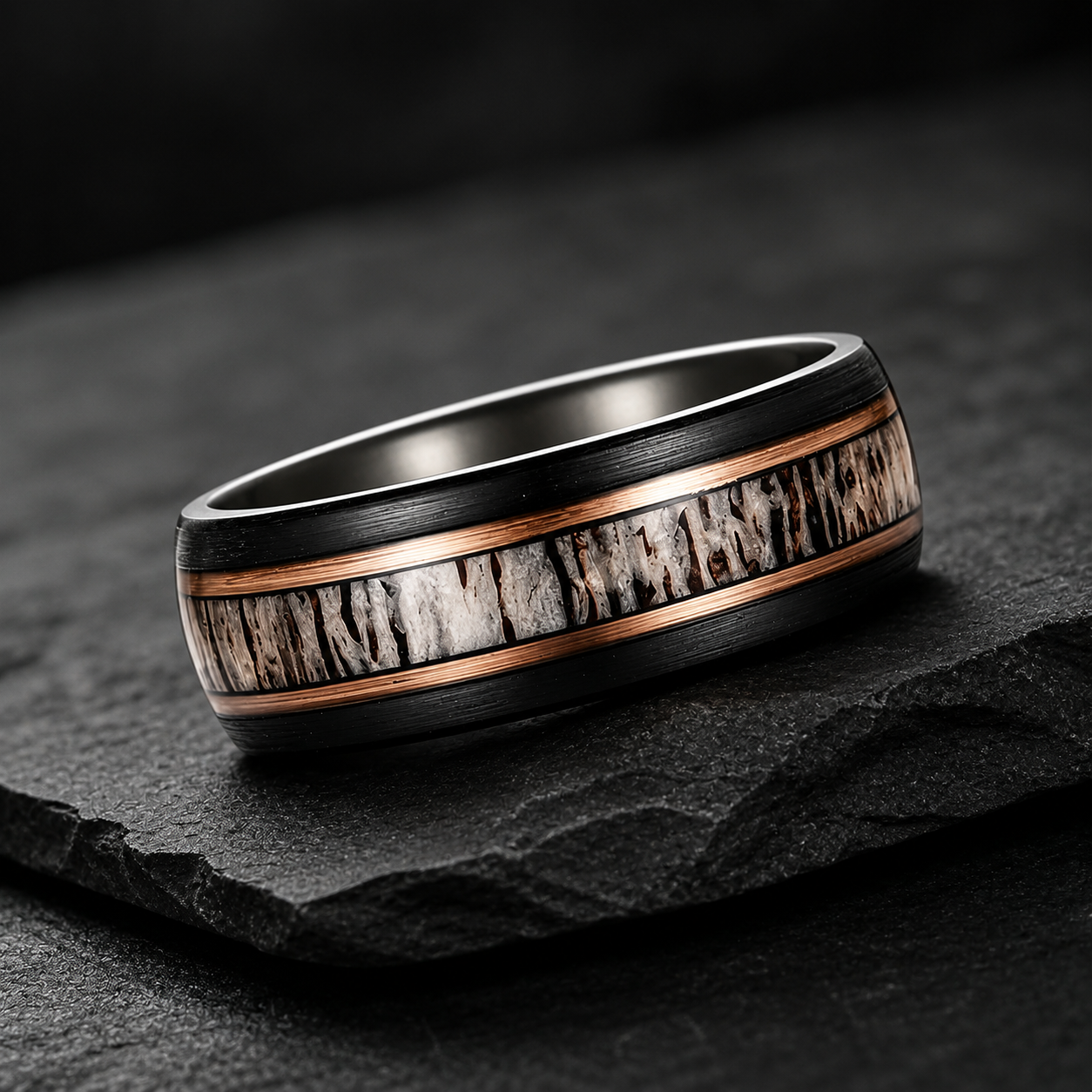 Black Tungsten Ring with Deer Antler & Rose Gold Strip
